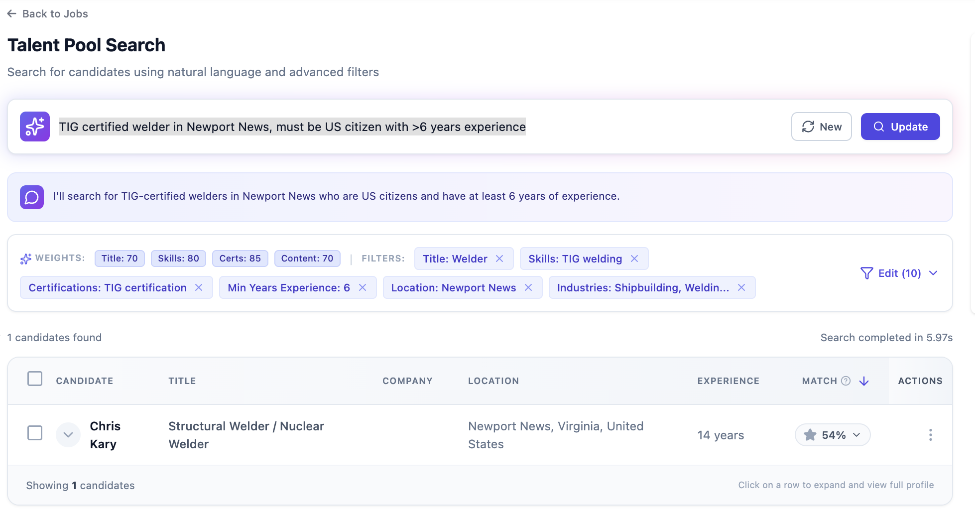 TalentPrism Talent Pool Search showing a natural-language query, AI interpretation, weights and filters, and the Chris Kary result at 54% match