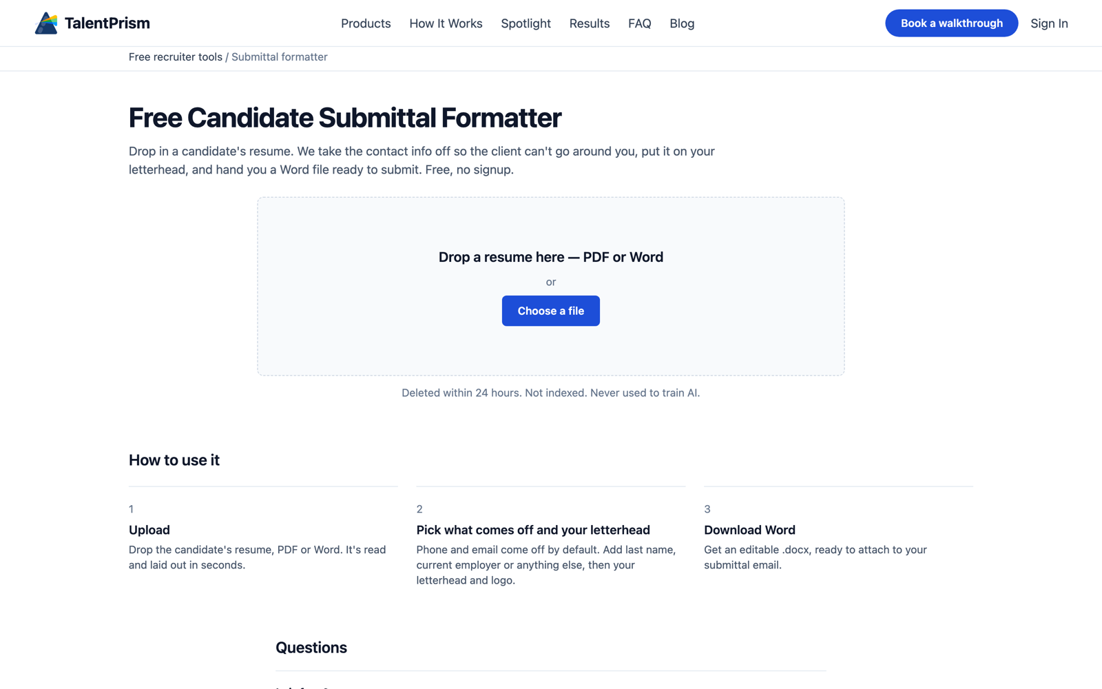 The free Candidate Submittal Formatter page with the upload area