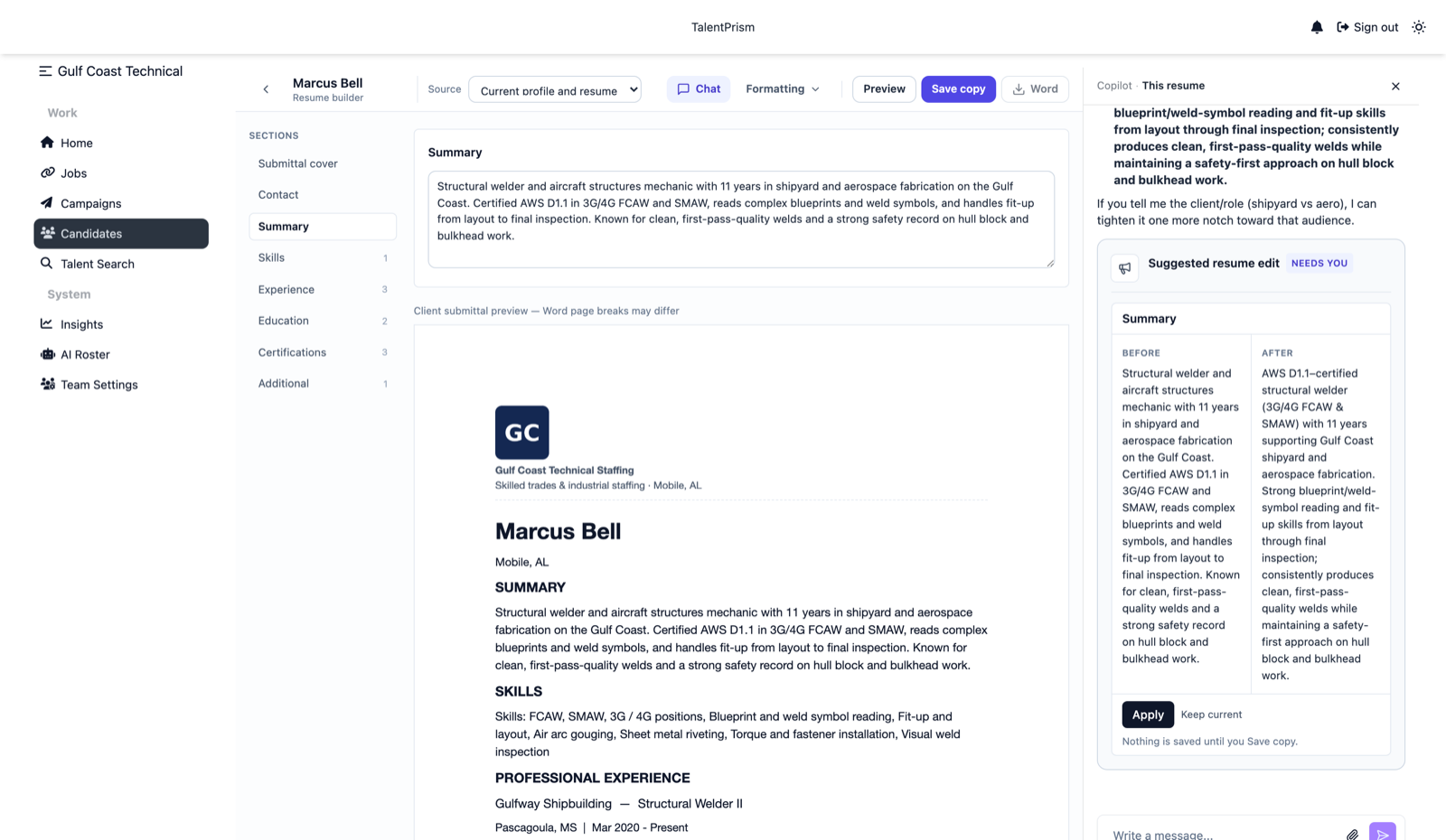 The chat sidebar showing a before and after for the summary section, with Apply and Keep current buttons