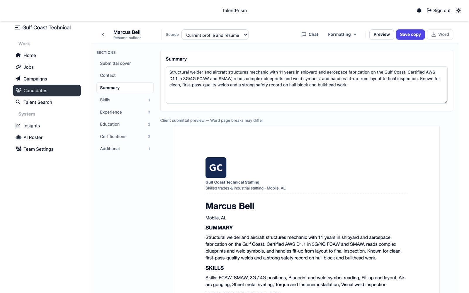 TalentPrism resume builder showing a welder's resume on an agency letterhead